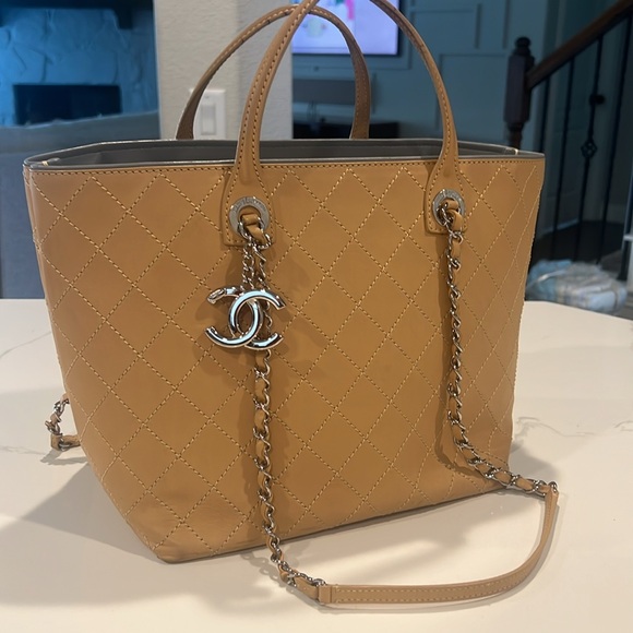 CHANEL Handbags - CHANEL Matelasse Chain Tote Bag Leather Beige Silver
